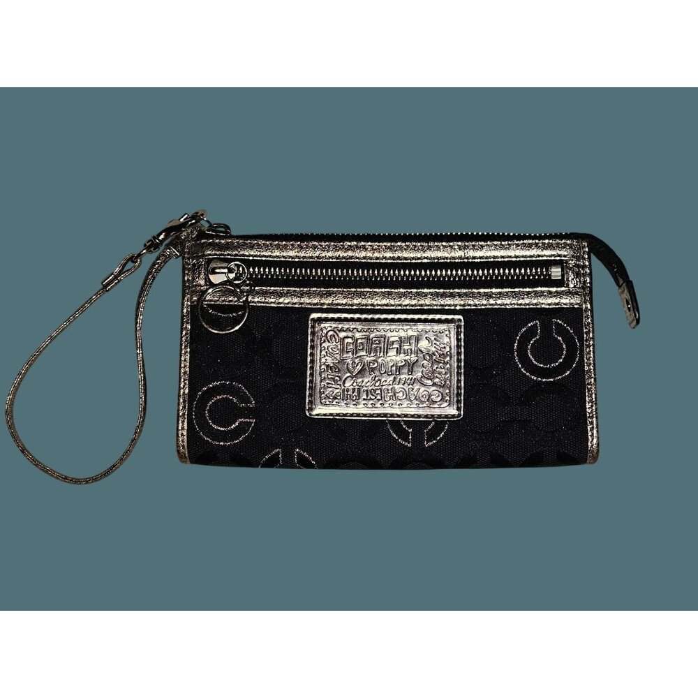 Coach Black Signature C Canvas  Poppy Slim Zip Metallic Gold Trim Wristlet